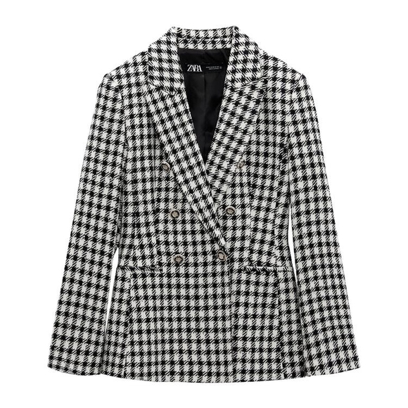 NWT Zara Plaid Double Breasted Blazer in Black/ White Medium - Picture 1 of 13